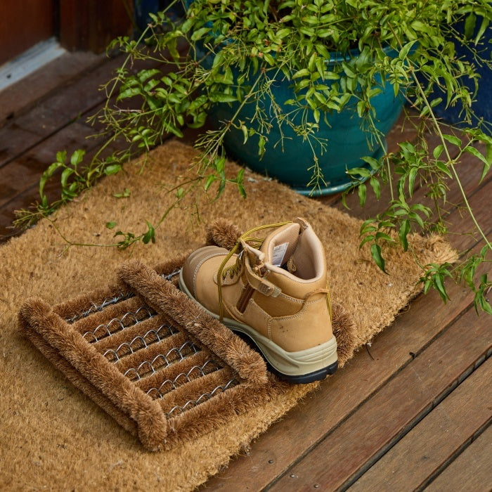 Coir and Metal Boot Scraper Mat with a Shoe on a Wooden Floor, Potted Plant in the Background.