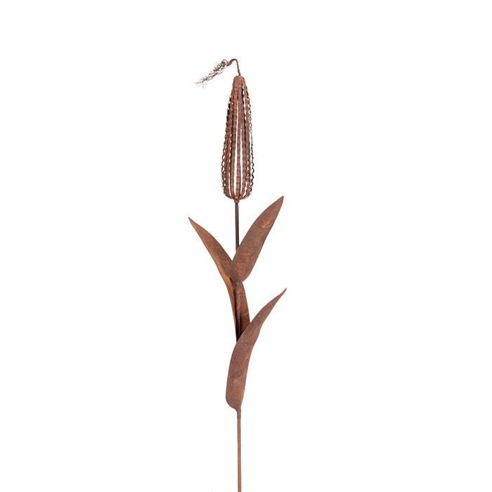 Decorative Metal Corn Garden Stake on White Background.