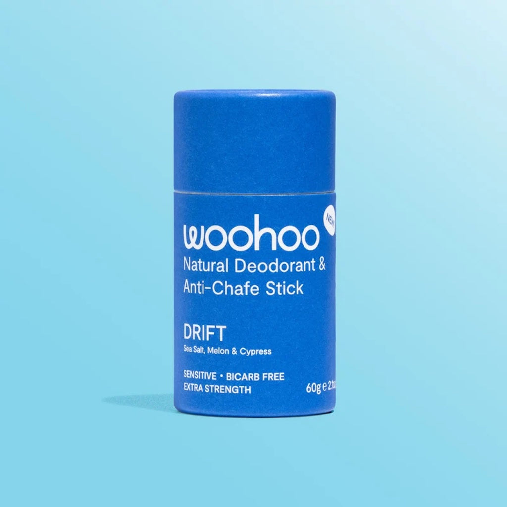 Woohoo natural deodorant and anti-chafe stick in DRIFT scent with blue compostable tube