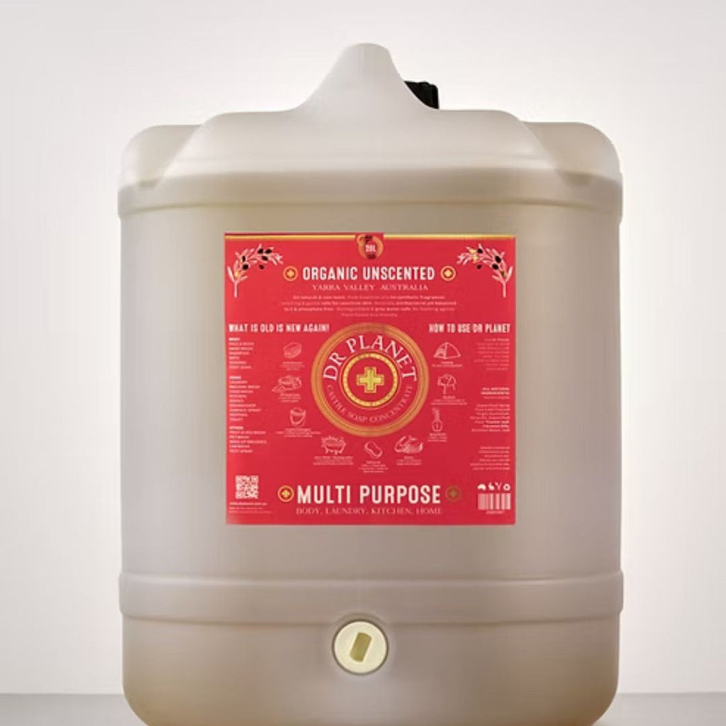 Large tub of organic, unscented liquid castile soap from Dr Planet at Urban Revolution
