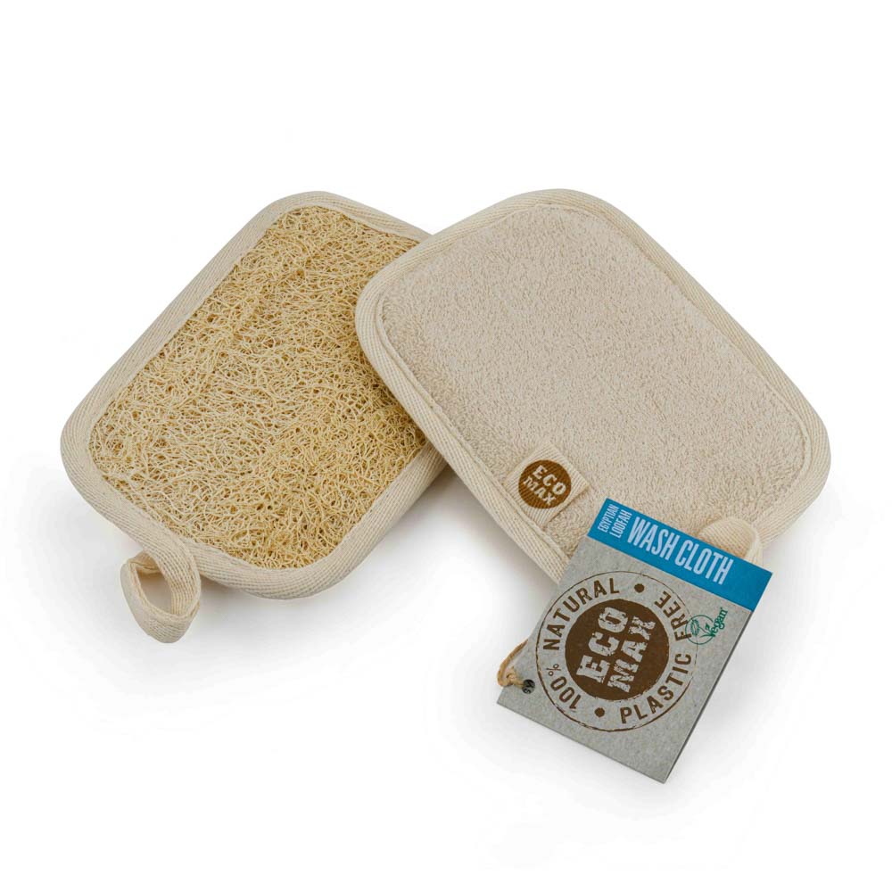 Eco Max Plastic Free Scourer Wash Pad with a Loufah Side and a Soft Egyption Cotton Side with the label