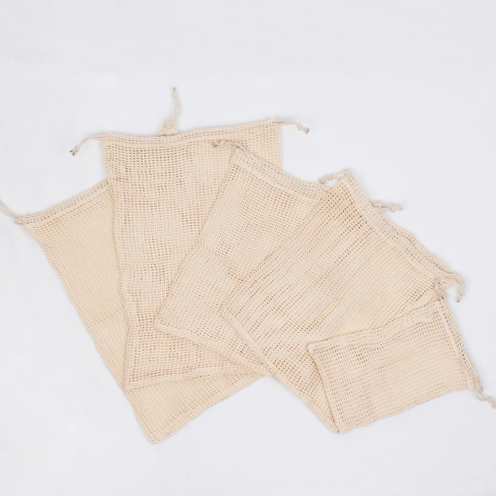 Five Cotton Produce Bags of Various Sizes.