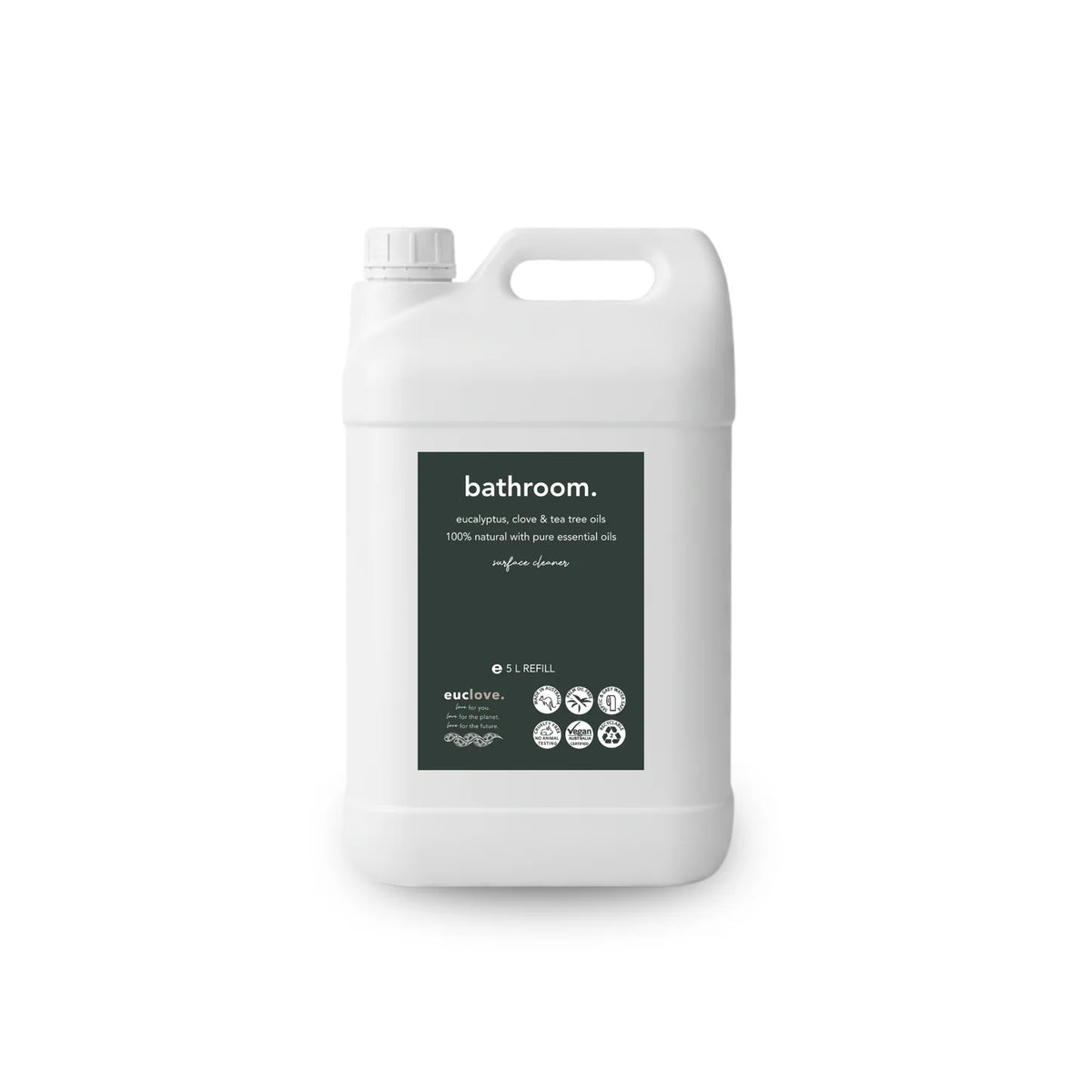 5-liter container of bathroom cleaner with eucalyptus, clove and tea tree oils