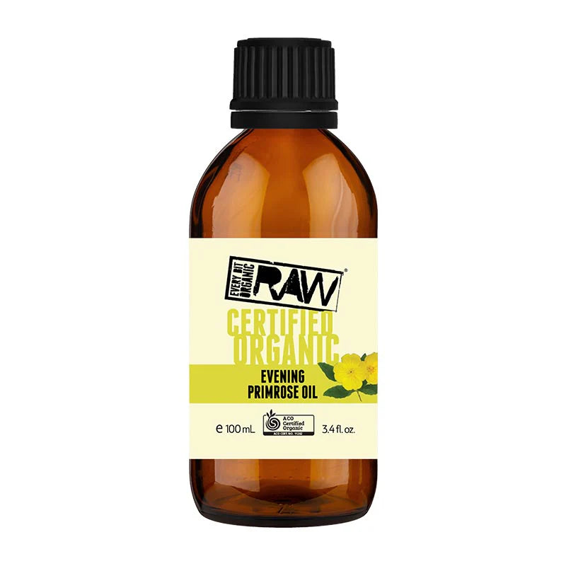 A 100 mL amber glass bottle of RAW Certified Organic Evening Primrose Oil 