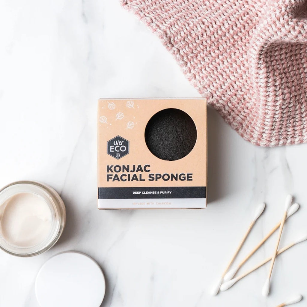 Ever Eco Konjac Facial Sponge infused with bamboo charcoal displayed in cardboard packaging