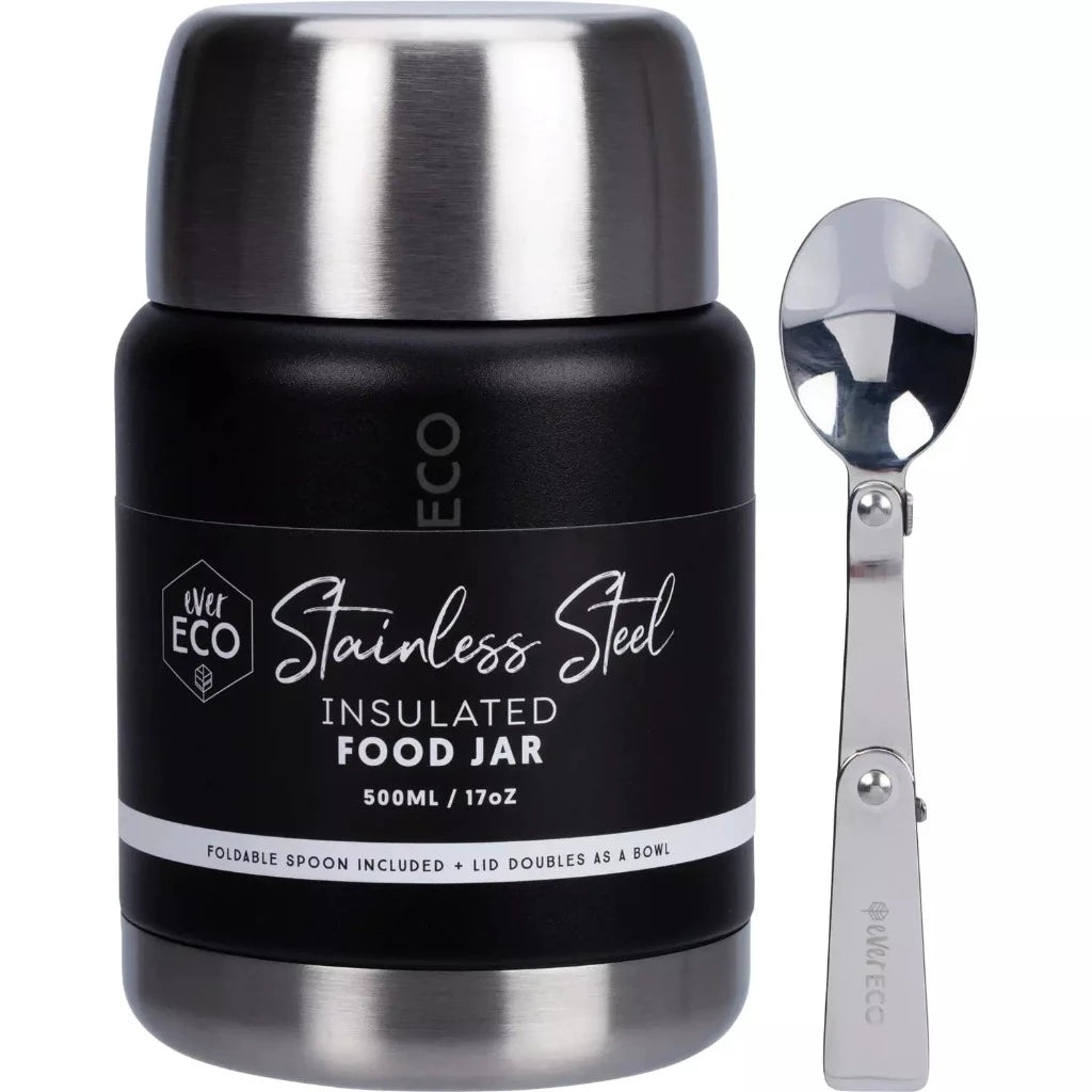 Ever Eco 500ml Stainless Steel Food Jar with Foldable Spoon in Onyx, Urban Revolution.