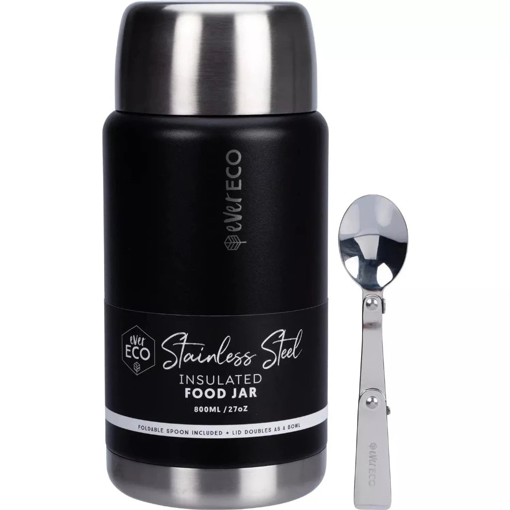 Ever Eco 800ml Stainless Steel Food Jar with Foldable Spoon in Onyx, Urban Revolution.