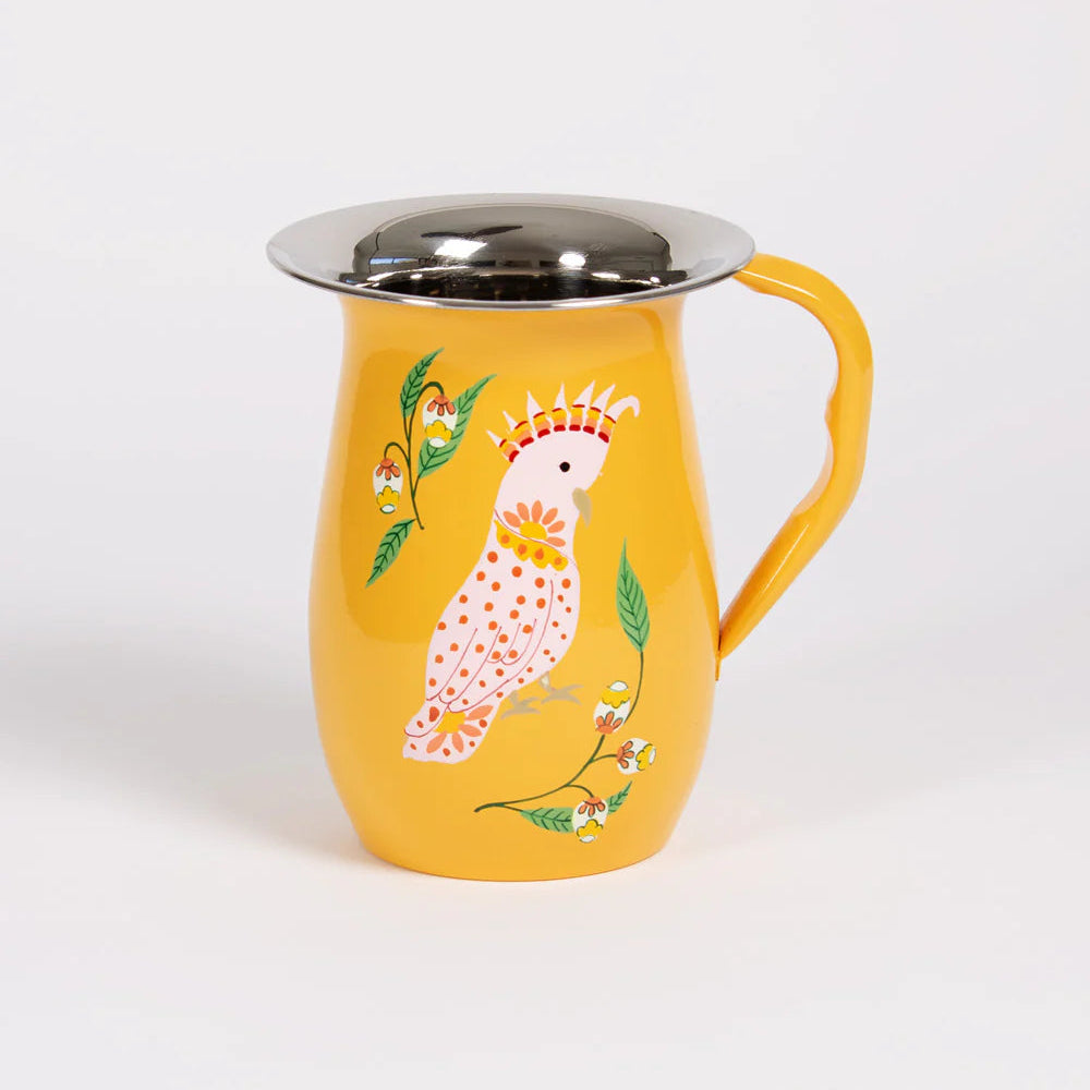 FairGo Trading Hand Painted Enamel and Stainless Steel Jug in Marigold Featuring an Australian Pink Cockatoo.