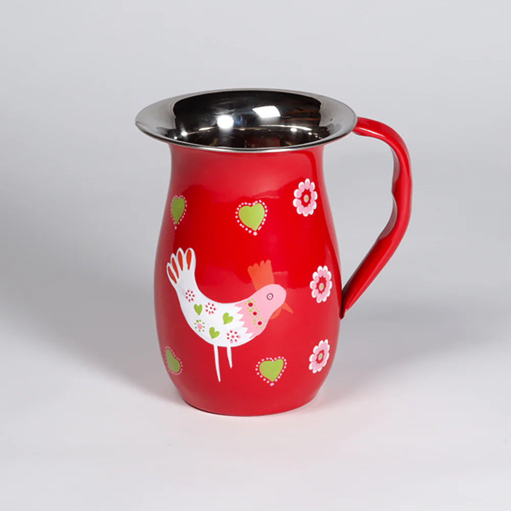 FairGo Trading Hand Painted Enamel and Stainless Steel Jug in Red Featuring Ida the Chicken