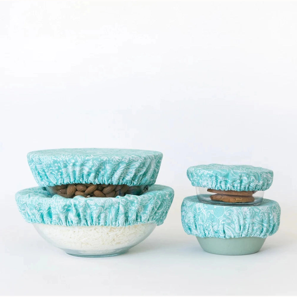 Ocean Life Patterned Fabric Food Cover Set over 4 Bowls of Different Sizes