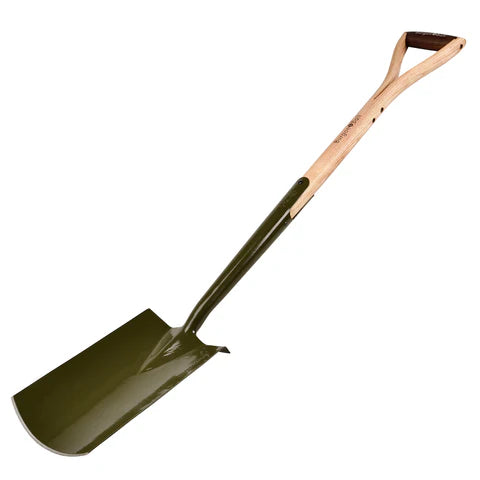 Green shovel with a wooden handle on a white background
