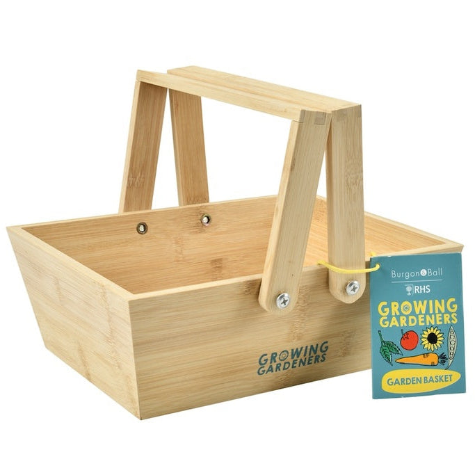 Wooden gardening caddy with a label titled 'Growing Gardeners' on a white background