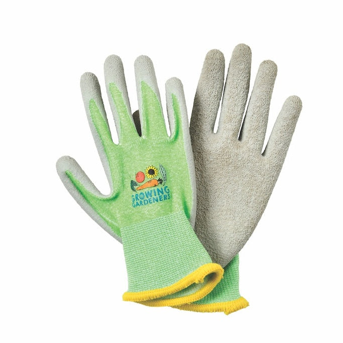 Pair of green and gray gardening gloves with a brand logo on a white background