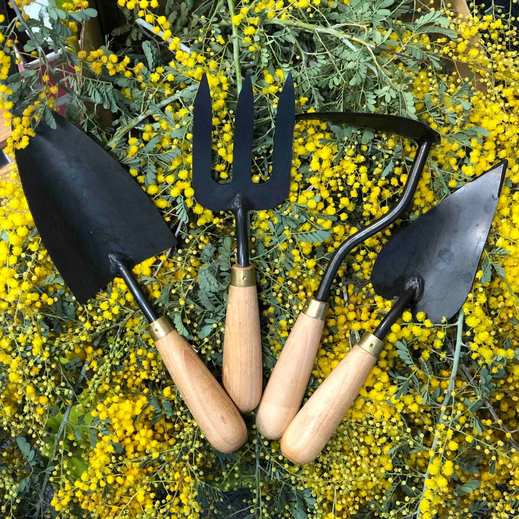 FD Ryan Hand Made Garden Tools. Pictured are the Wide Garden Trowel, Garden Fork, Ho-Mi Hoe and Pointed Heart Trowel.