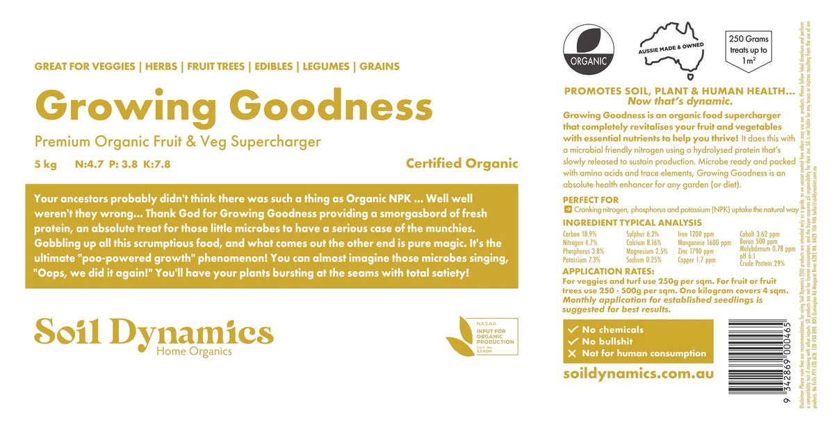 Carton Label for Growing Goodness Organic NPK 5kg from Soil Dynamics, Urban Revolution.