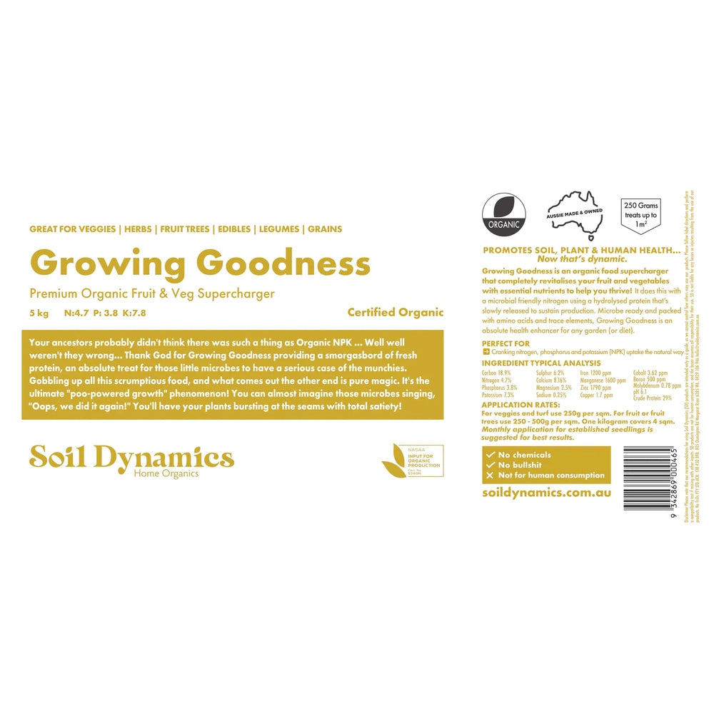 Carton Label for Growing Goodness Organic NPK 5kg from Soil Dynamics, Urban Revolution.