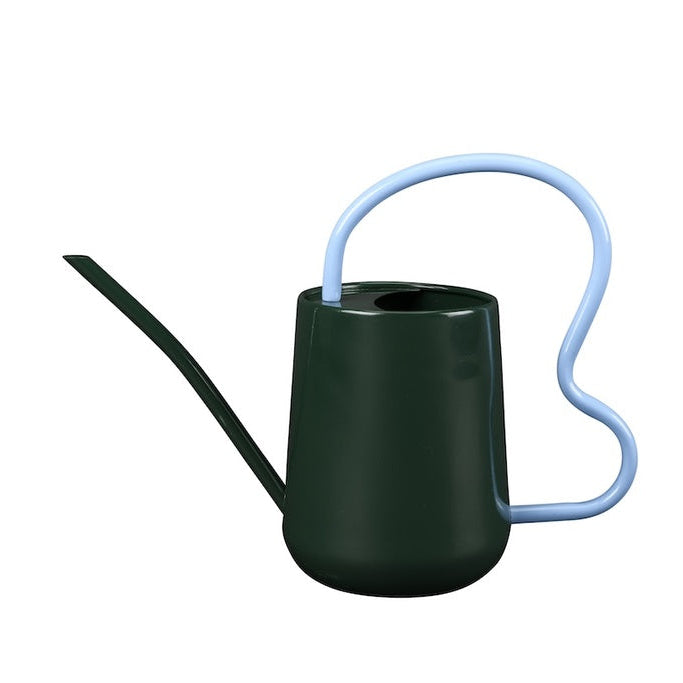 Indoor Watering Can in Heritage Green with Light Blue Scalloped Handle from Burgon & Ball.
