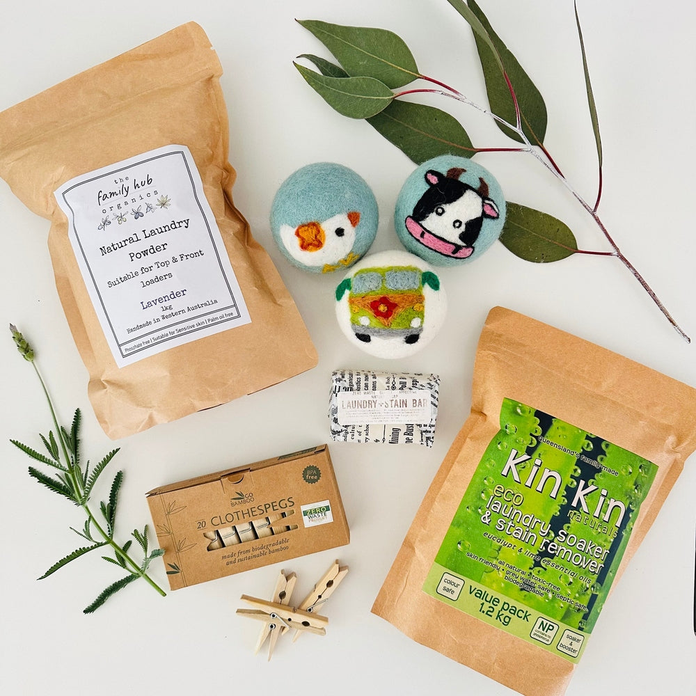 Earth Safe Laundry Collection featuring Laundry Powder Bag, Laundry Soaker Bag, Laundry Stain Bar, Wool Dryer Balls and Bamboo Pegs.