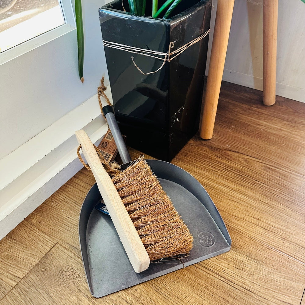 Eco Max Metal Dustpan and Wood and Coconut Fibre Dust Brush.