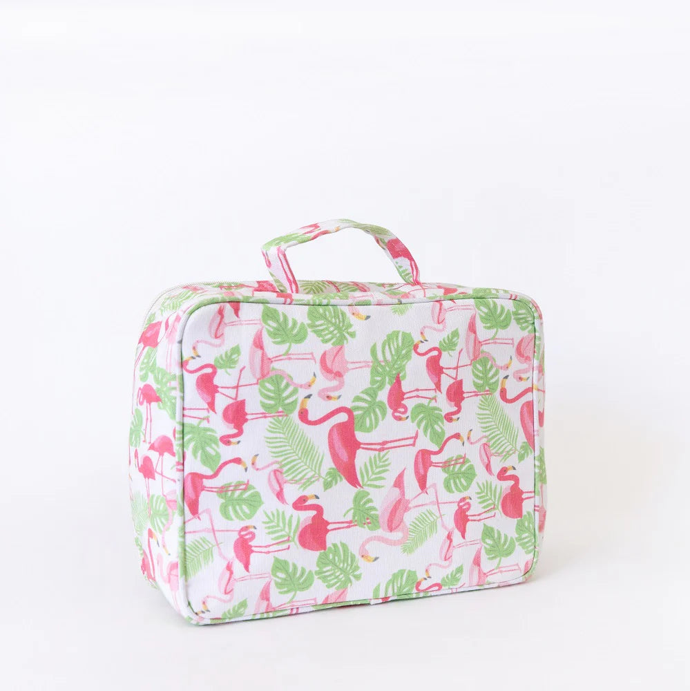 Insulated Fabric Lunch Bag with flamingo and leaf pattern on a white background