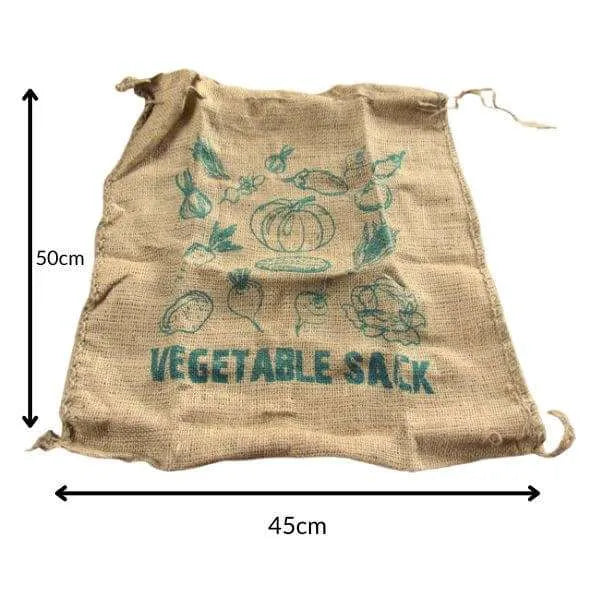 Jute Vegetable Sack from Ryset with Printed Images of Vegetables and Showing Dimensions.