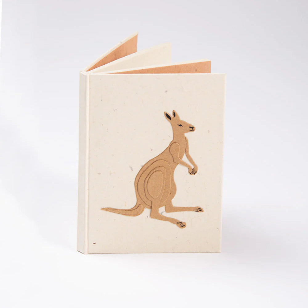 Fair Trade A5 Notebook Made Handmade from Nepalese Cotton Paper Featuring Textured Kangaroo on Cover.