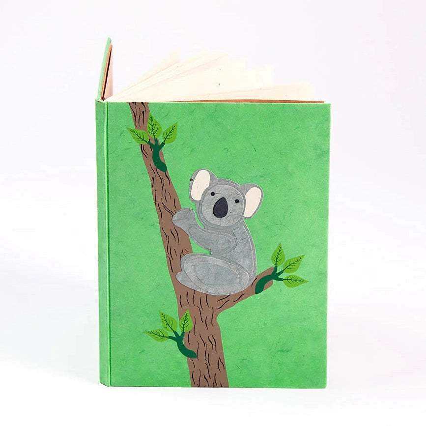 Fair Trade A5 Notebook Made Handmade from Nepalese Cotton Paper Featuring Textured Koala on Cover.