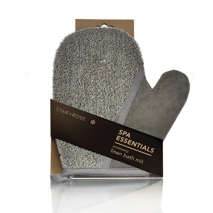 Star + Rose Grey Linen Bath Mitt in Cardboard Packaging.