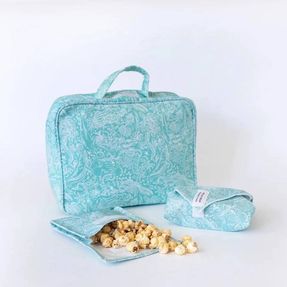 Insulated Cotton Canvas Lunch Bag with Matching Food Pocket and Sandwich Wrap - Ocean Life Design
