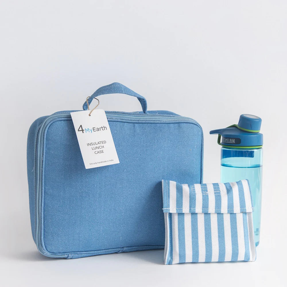 Insulated Cotton Canvas Lunch Bag with Food Pocket and Drink Bottle - Denim