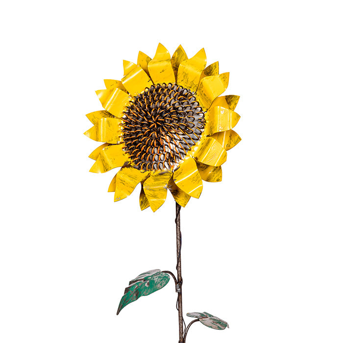Detail of Head of Metal Sunflower Garden Stake on White Background.