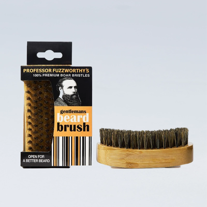 Wood and Boar Bristle Beard Brush with Packaging Labelled 'Professor Fuzzworthy's Gentlemen's Beard Brush'.