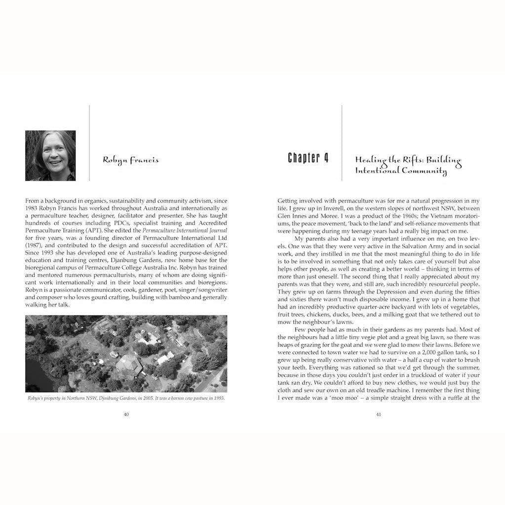 Sample page from Permaculture Pioneers book, featuring Robyn Francis and Chapter 4 titled 'Healing the Rifts: Building Intentional Community'
