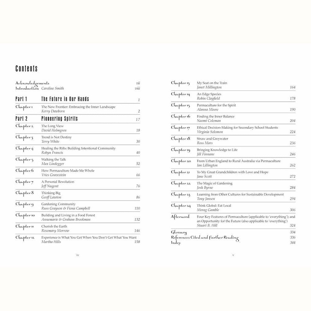 Contents page of Permaculture Pioneers book.