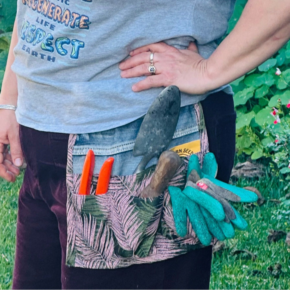 Person wearing Handmade Gardening Tool Pouch on Own Belt with Garden Tools. 