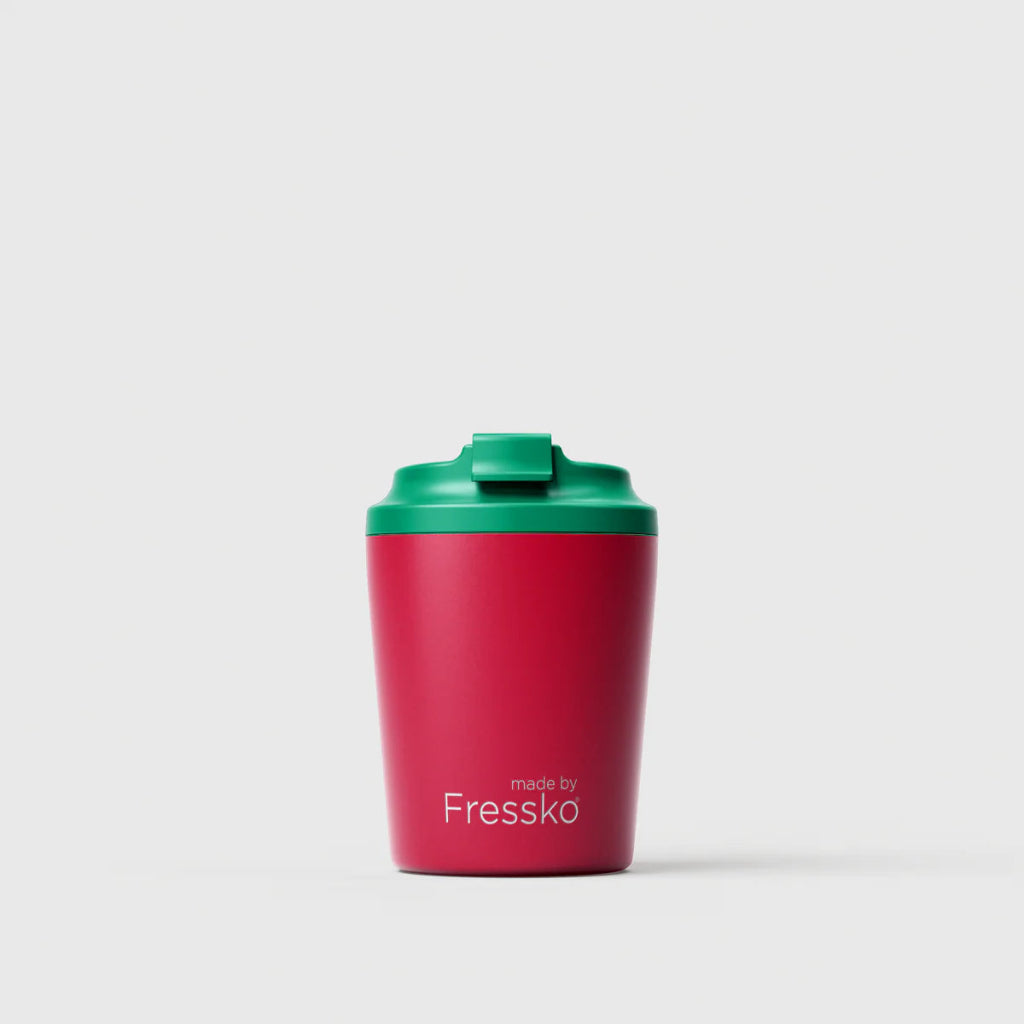 The 'Piccolo' "Crush" Ceramic Lined 4oz Insulated Coffee Cup in Oat, by Fressko. Featuring a Red Insulated Cup with a Green Lid.