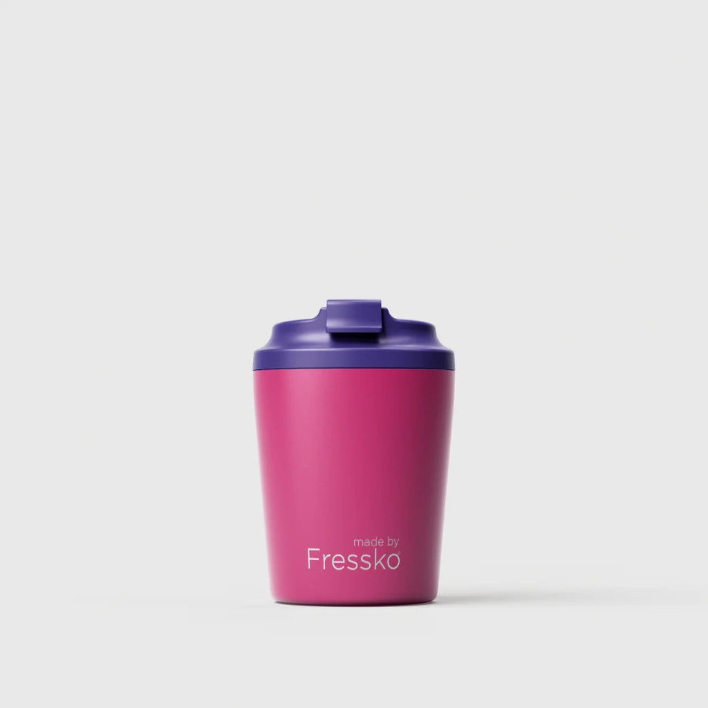 The 'Piccolo' "Lush" Ceramic Lined 4oz Insulated Coffee Cup in Oat, by Fressko. Featuring a Pink Insulated Cup with a Purple Lid.