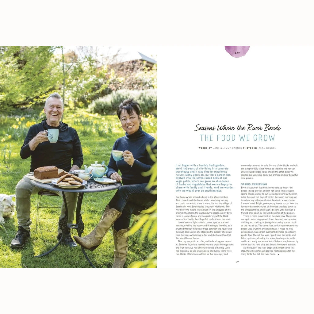 A spread of Pip Magazine Issue 41 showing a lifestyle photograph on the left of a man and woman sitting outdoors at a table with tea and bread, and article text on the right titled 'Seasons Where the River Birds The Food We Grow'.
