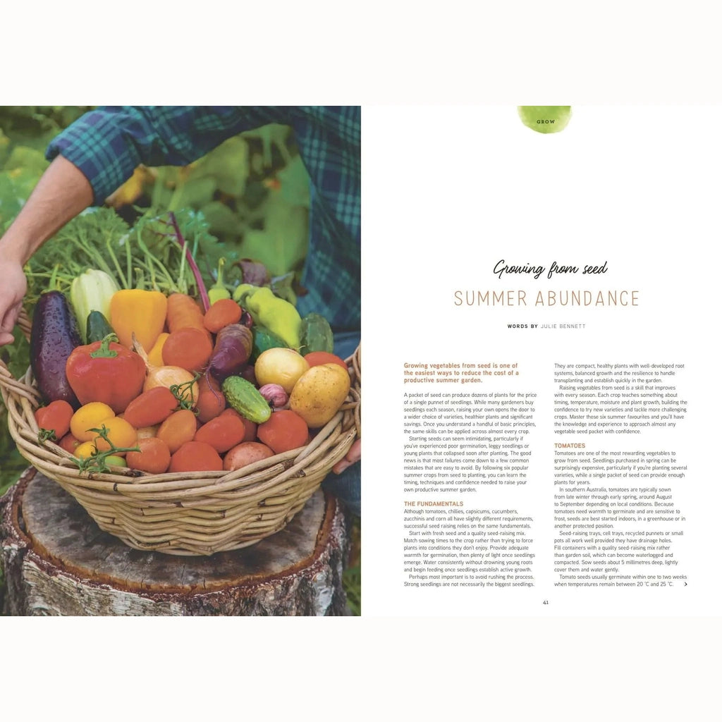 Spread of Pip Magazine Issue 41 showing a basket full of homegrown produce and an article on the right titled "Growing from Seed: Summer Abundance"