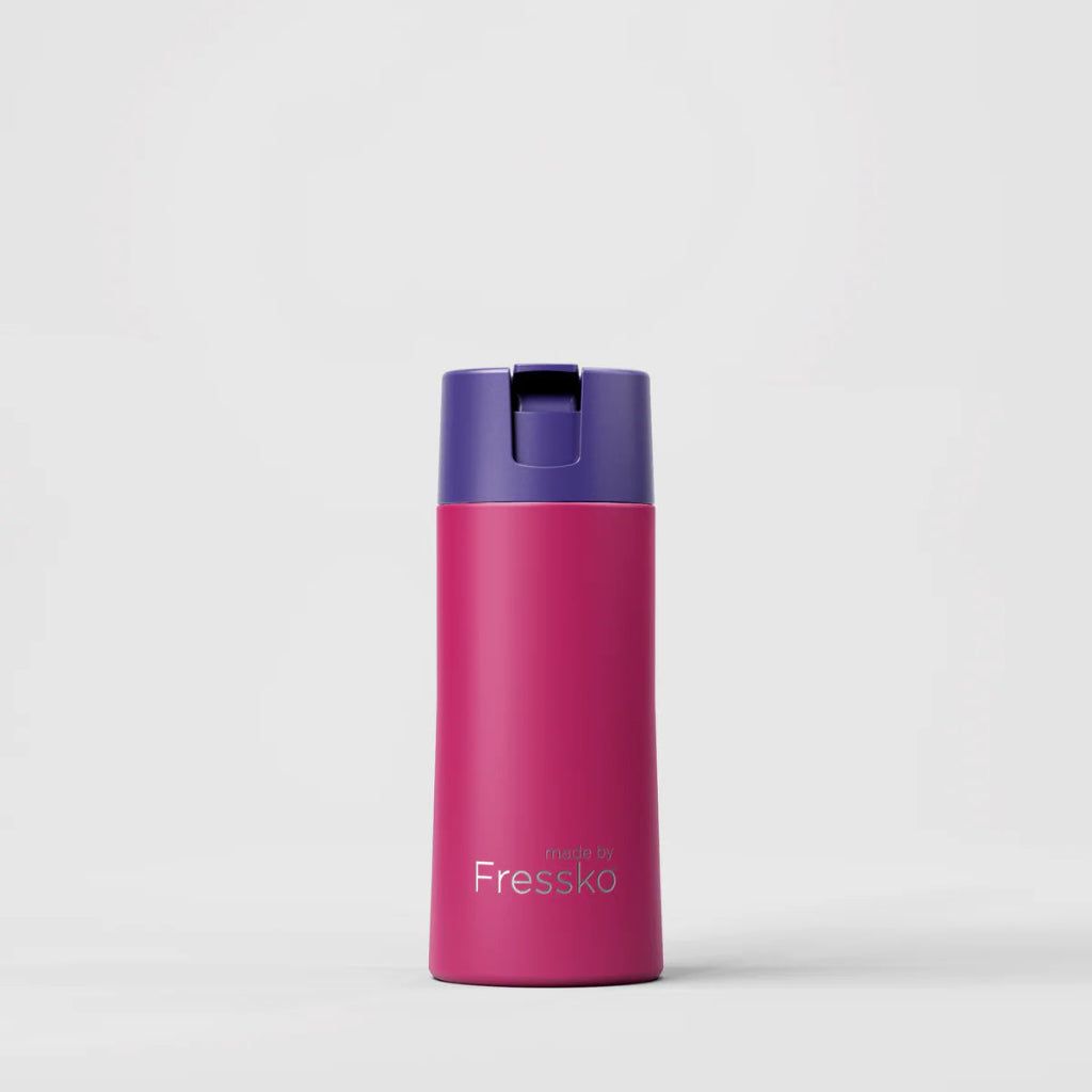 The 'Play' "Lush" Ceramic Lined 420ml Insulated Water Bottle, by Fressko. Featuring a Pink Insulated Flask with a Purple Lid.