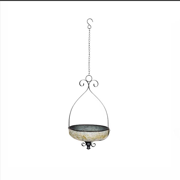 Decorative Hanging Pot or Bird Feeder with Aged Zinc Finish on a White Background.