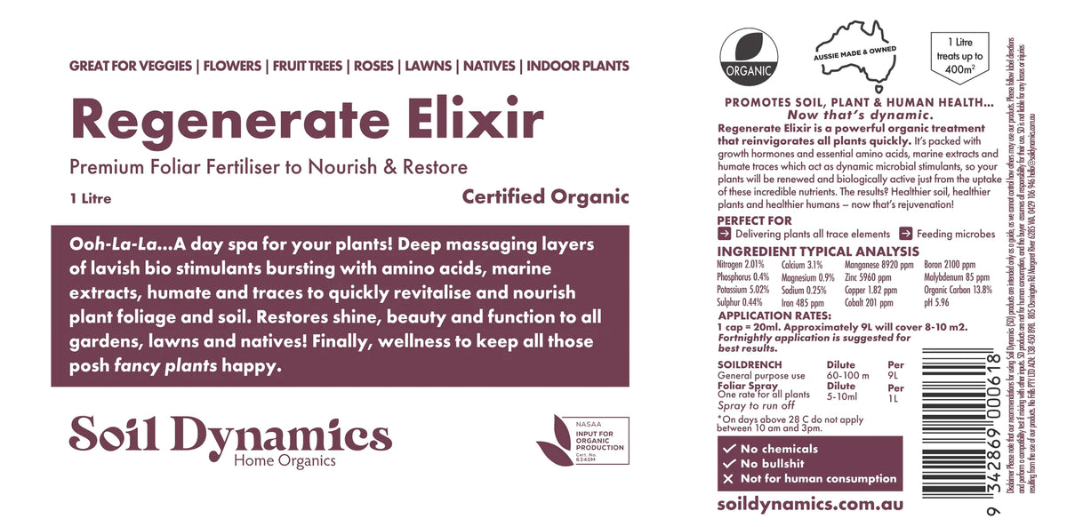 Carton Label for Regenerate Elixir Premium Foliar Fertilliser from Soil Dynamics, Urban Revolution.