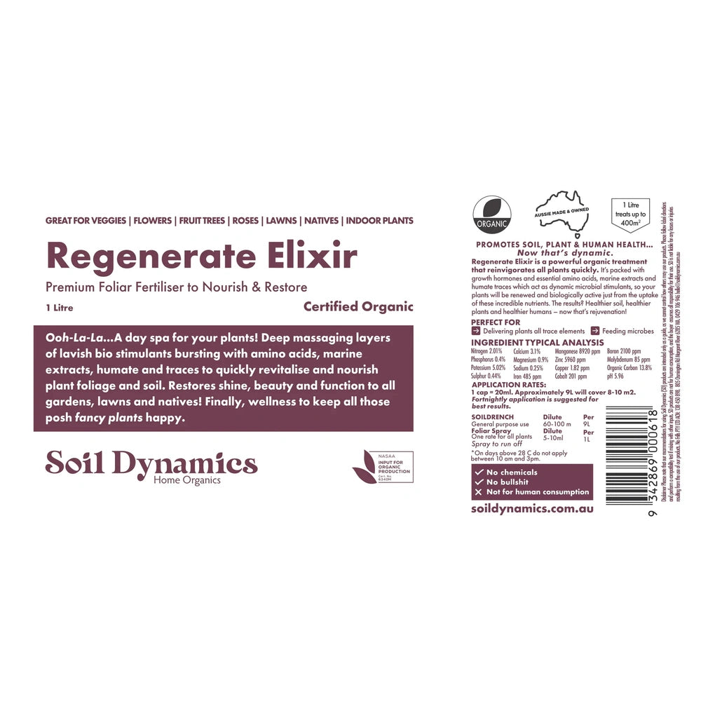 Carton Label for Regenerate Elixir Premium Foliar Fertilliser from Soil Dynamics, Urban Revolution.