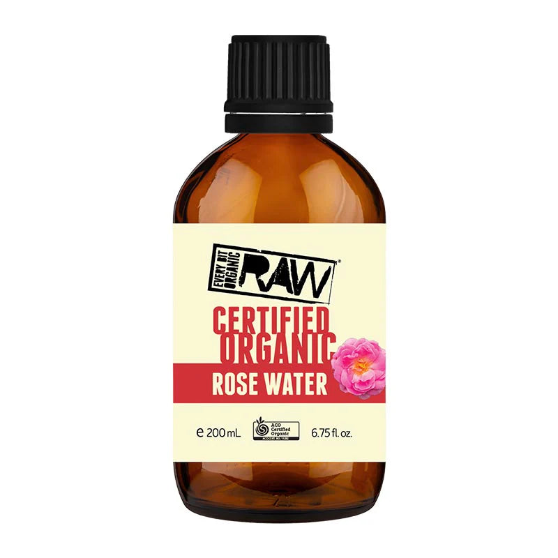 Bottle of Certified Organic Rose Water with RAW label 