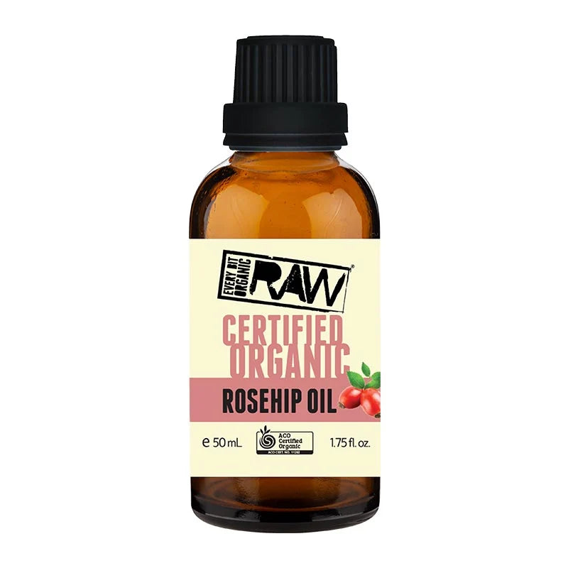 Amber 50ml glass bottle of Certified Organic Rosehip Oil
