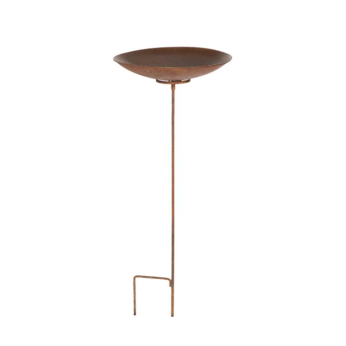 Rust Look Metal Bird Bath on Stake on a White Background.