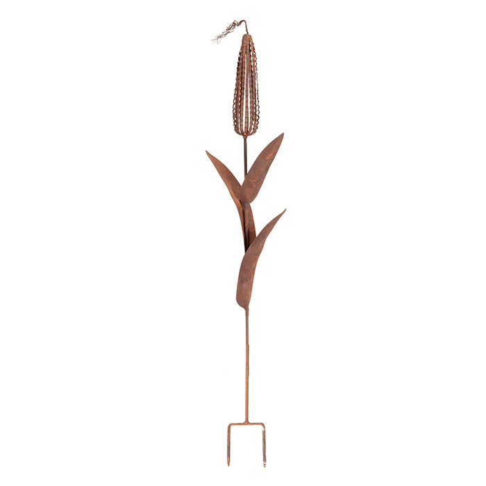Decorative Metal Plant Stake with Corn Design on a White Background.