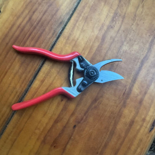 Open Pruning shears with red handles on a wooden surface 
