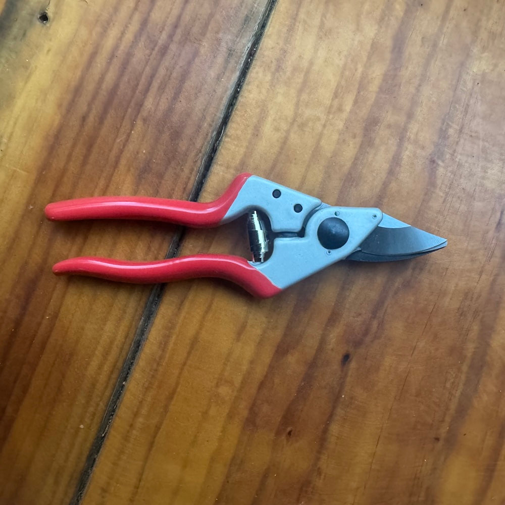 Ryset Small to Medium sized secateurs with red handles on a wooden surface