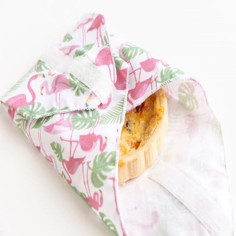 Quiche wrapped in a flamingo patterned canvas cotton lunch wrap